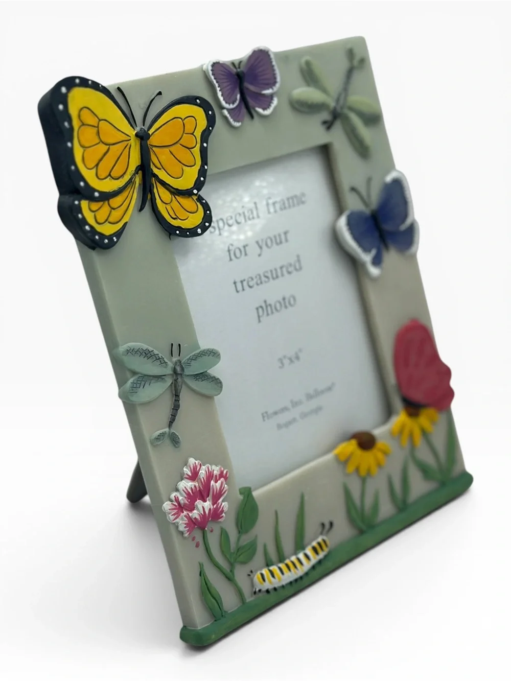 NEW Vintage Garden Theme Butterfly, Caterpillar Resin Enamel 3x4 Photo Frame